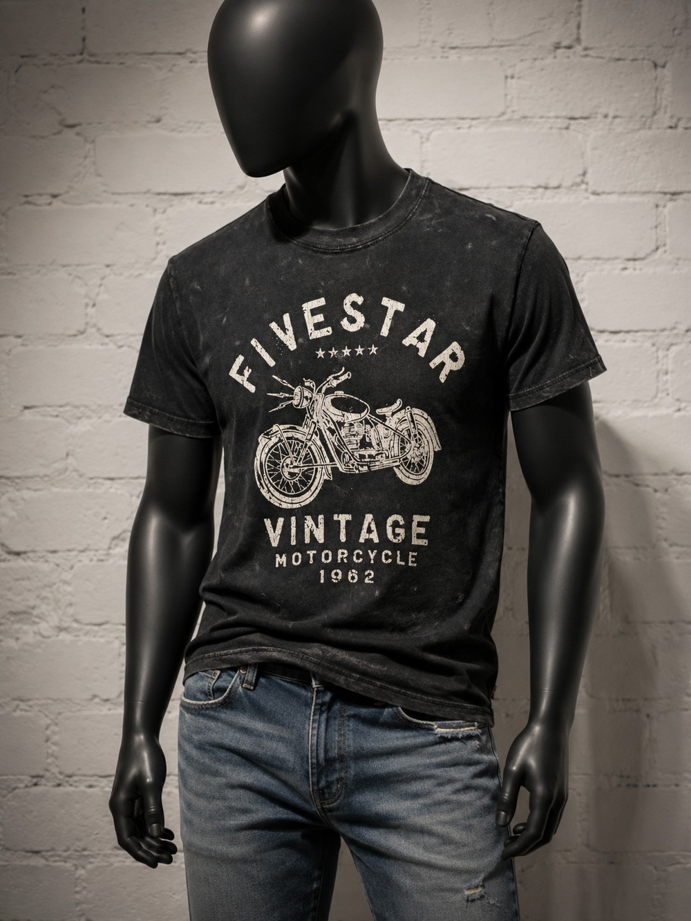 Five Star General women’s black graphic T-shirt with vintage motorcycle design.